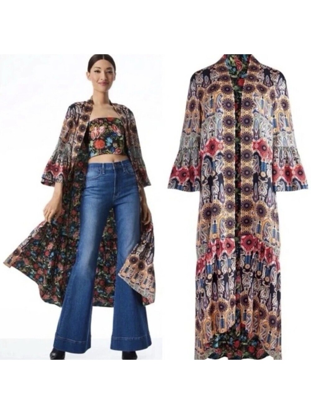 Alice Olivia Dottie Reversible Kimono Dress Paisley Floral Silk Blend M *Flaw*